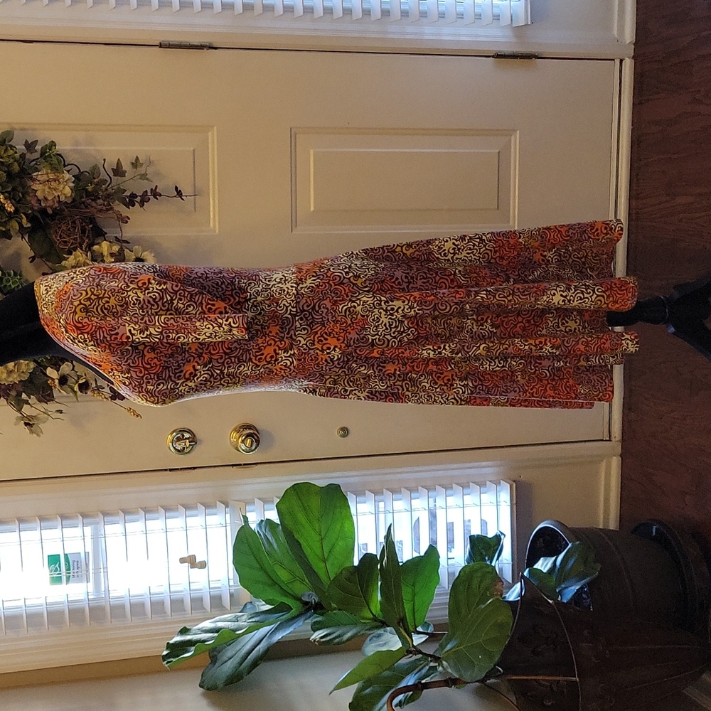 LuLaRoe brown orange lilac gold cream swirl round neck short sleeve dress …M EUC - Picture 3 of 6